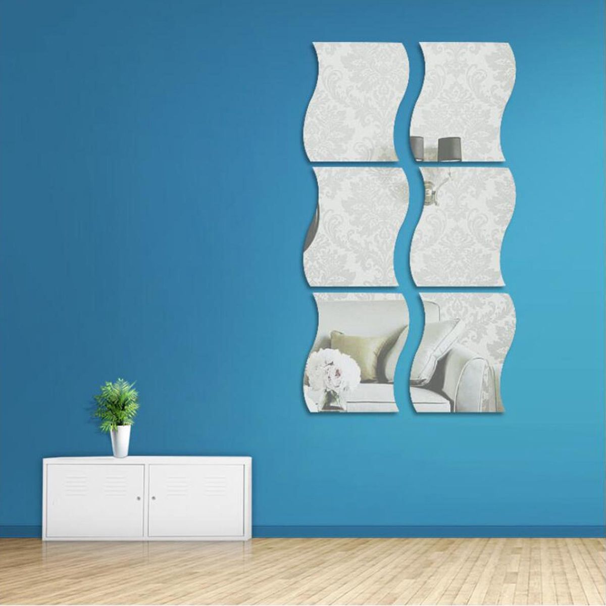 6 PCS 3D Wave Mirror Sticker DIY Silver Wall Mirror
