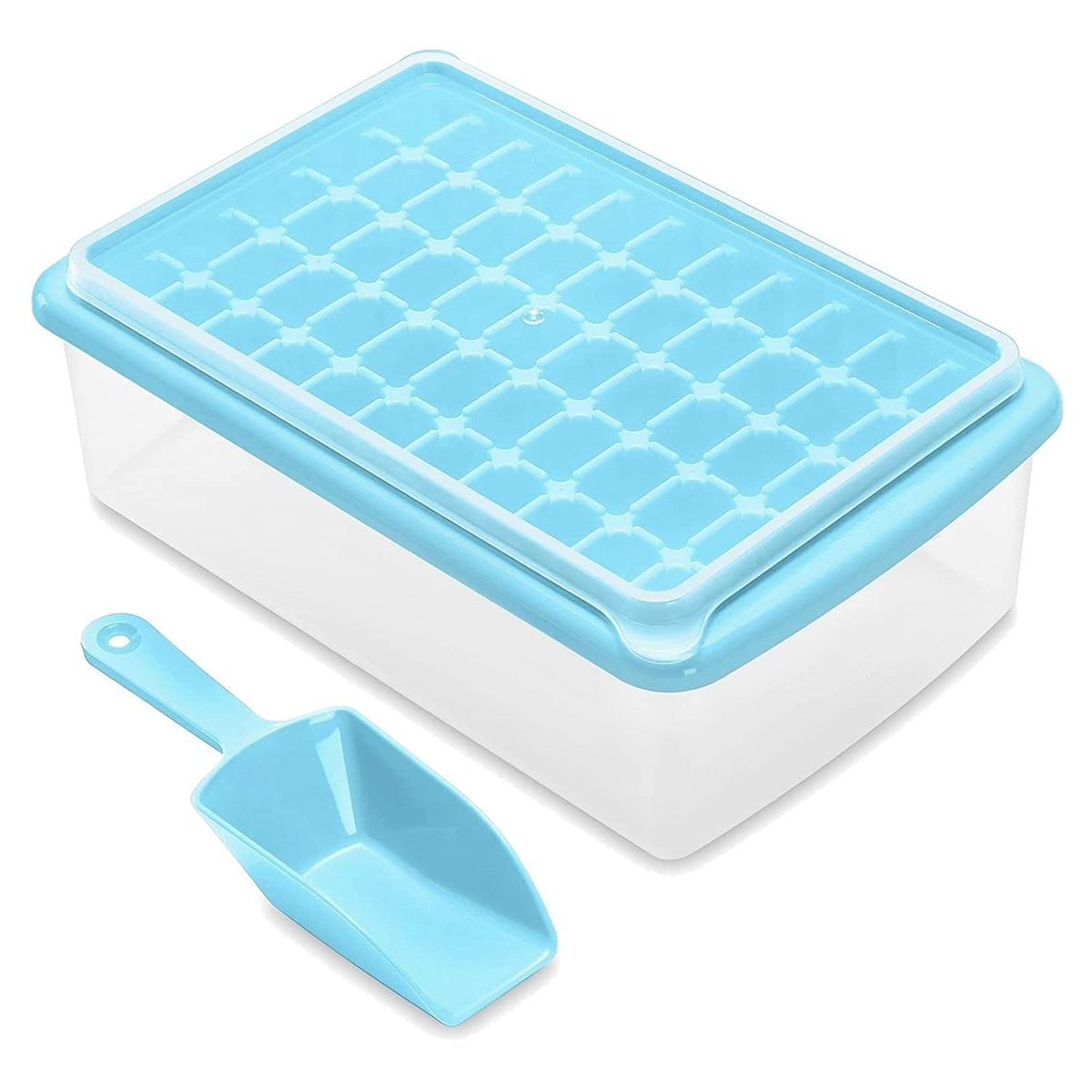Ice Cube Tray with Lid and Storage Bin, 55 Ice Tray, Scoop Blue