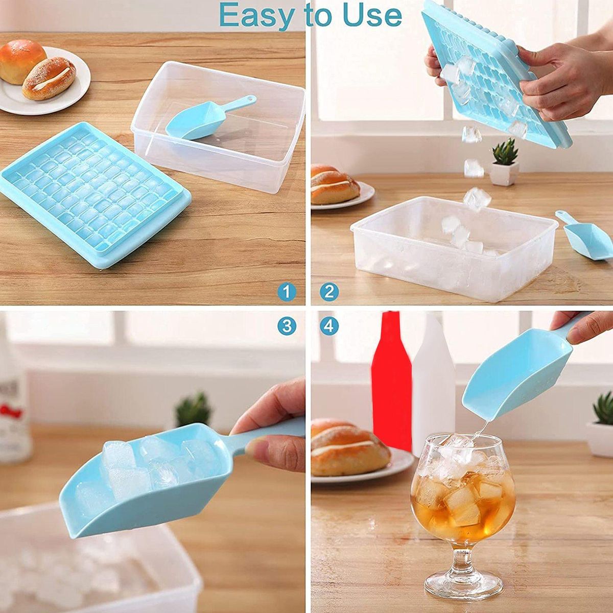 Ice Cube Tray with Lid and Storage Bin, 55 Ice Tray, Scoop Blue