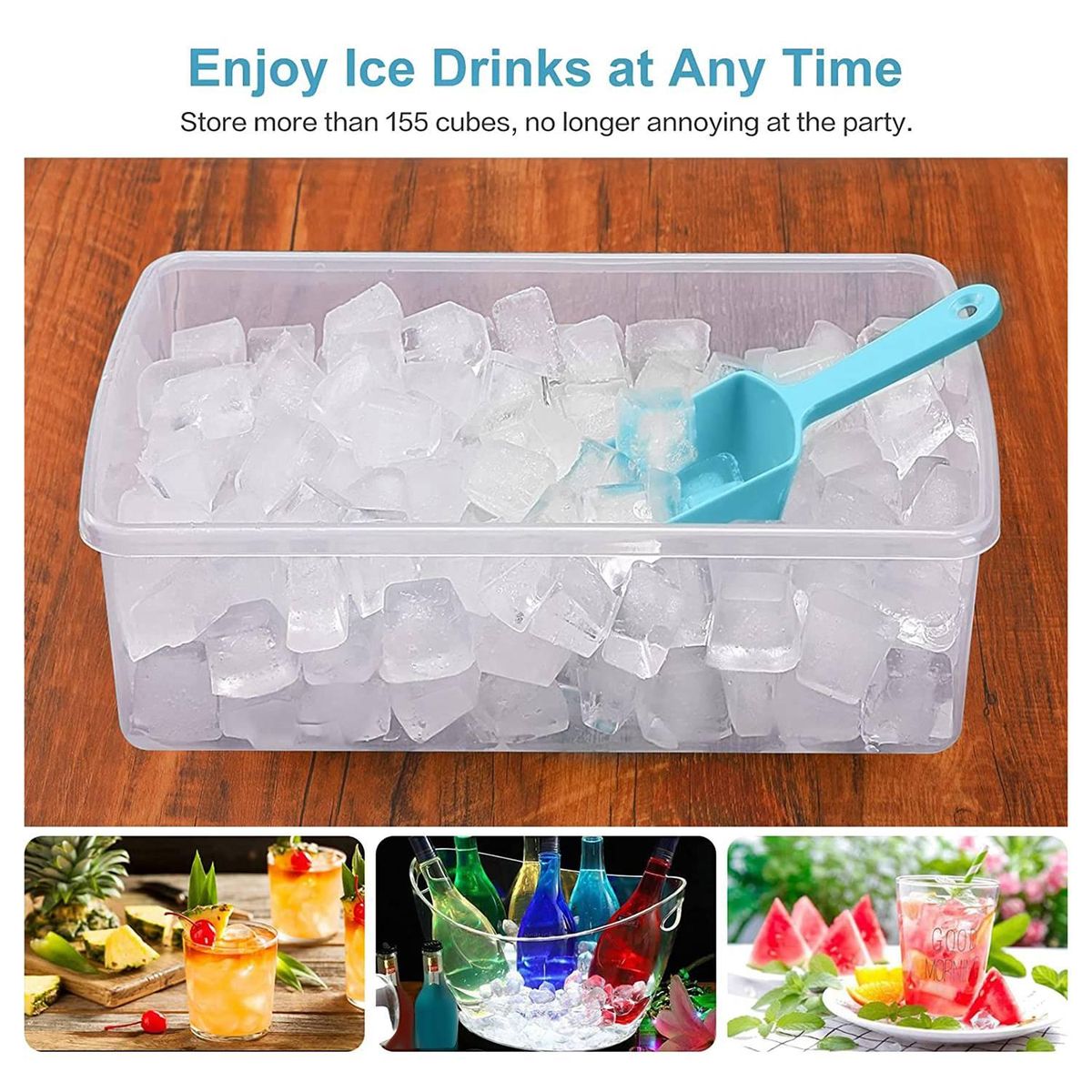 Ice Cube Tray with Lid and Storage Bin, 55 Ice Tray, Scoop Blue
