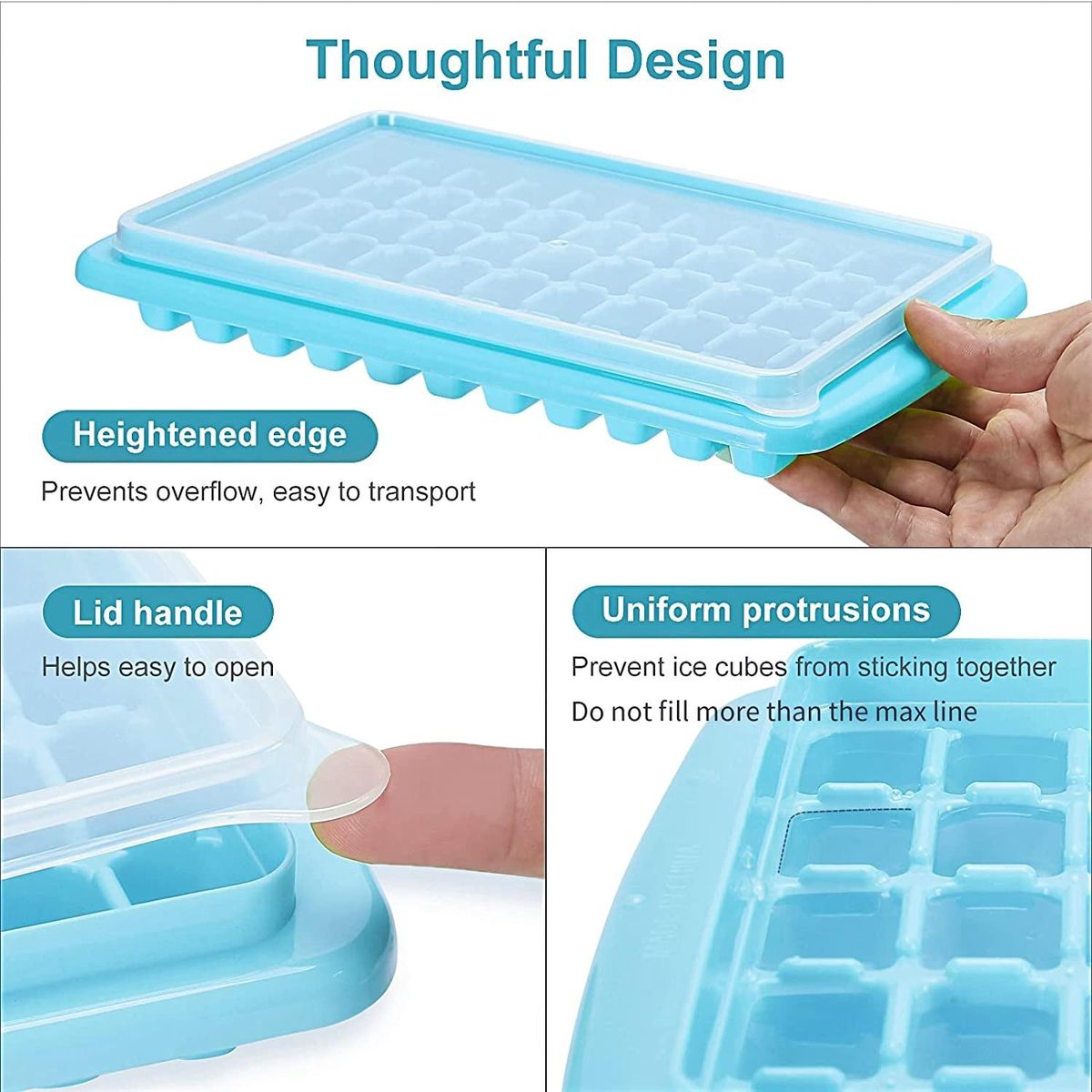 Ice Cube Tray with Lid and Storage Bin, 55 Ice Tray, Scoop Blue