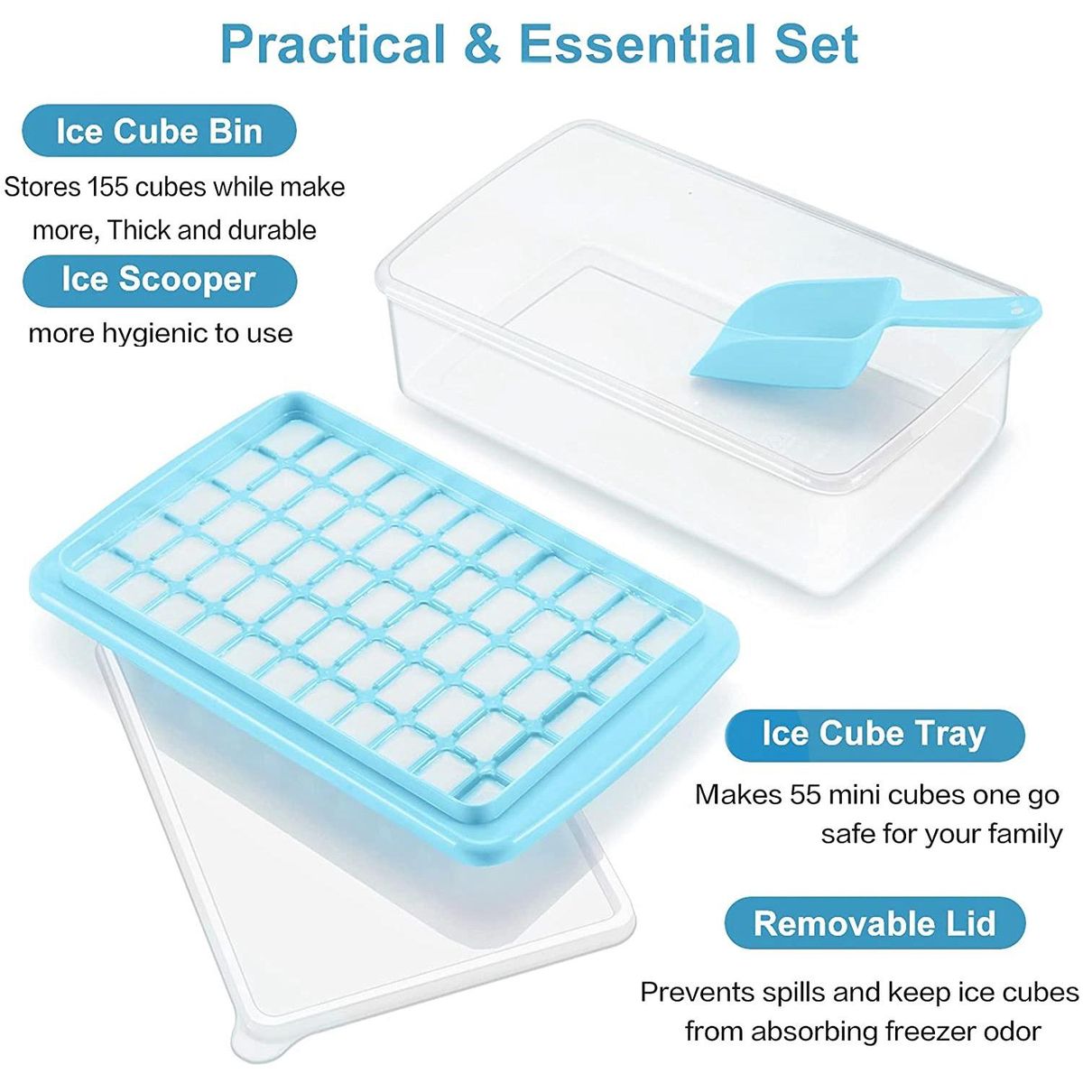 Ice Cube Tray with Lid and Storage Bin, 55 Ice Tray, Scoop Blue
