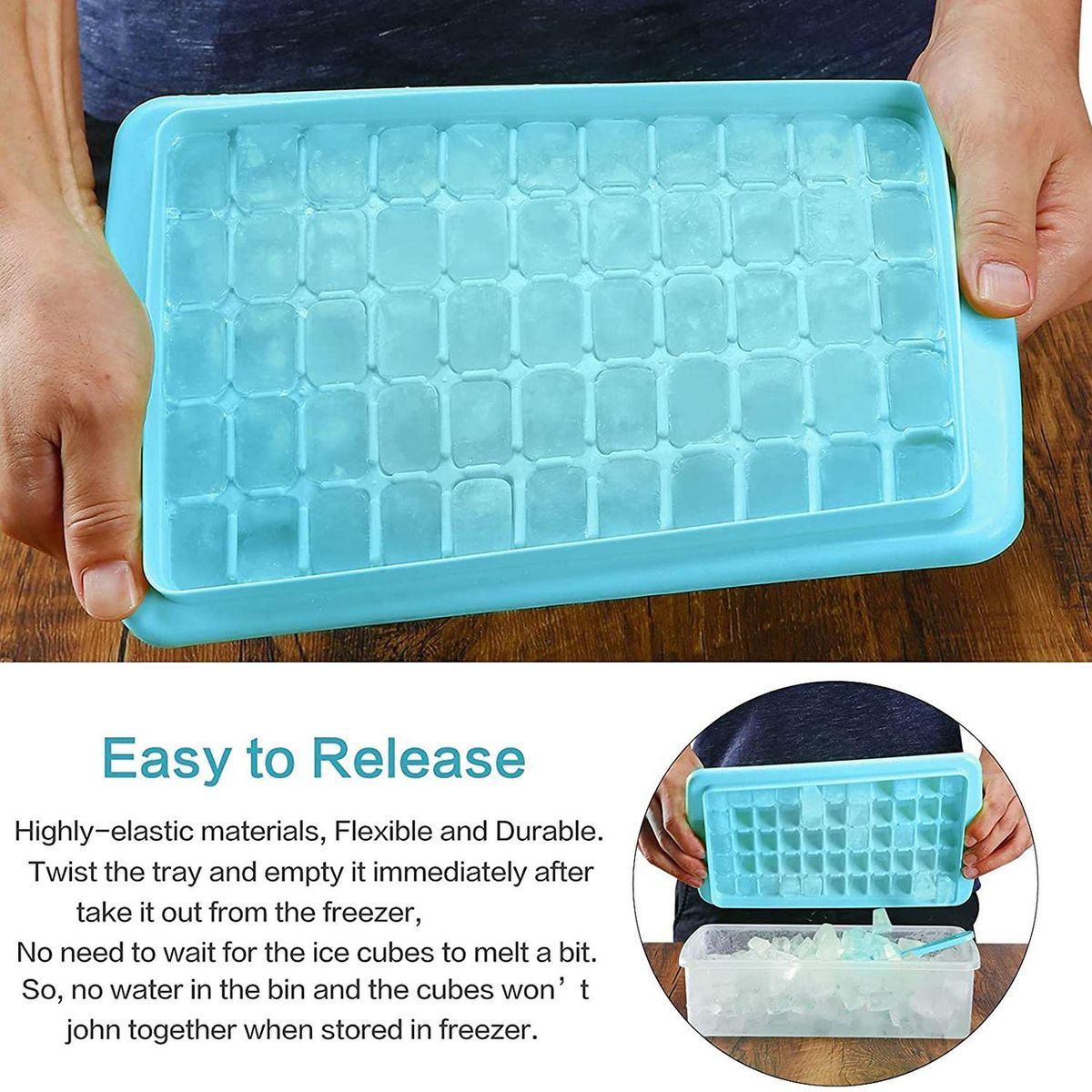 Ice Cube Tray with Lid and Storage Bin, 55 Ice Tray, Scoop Blue