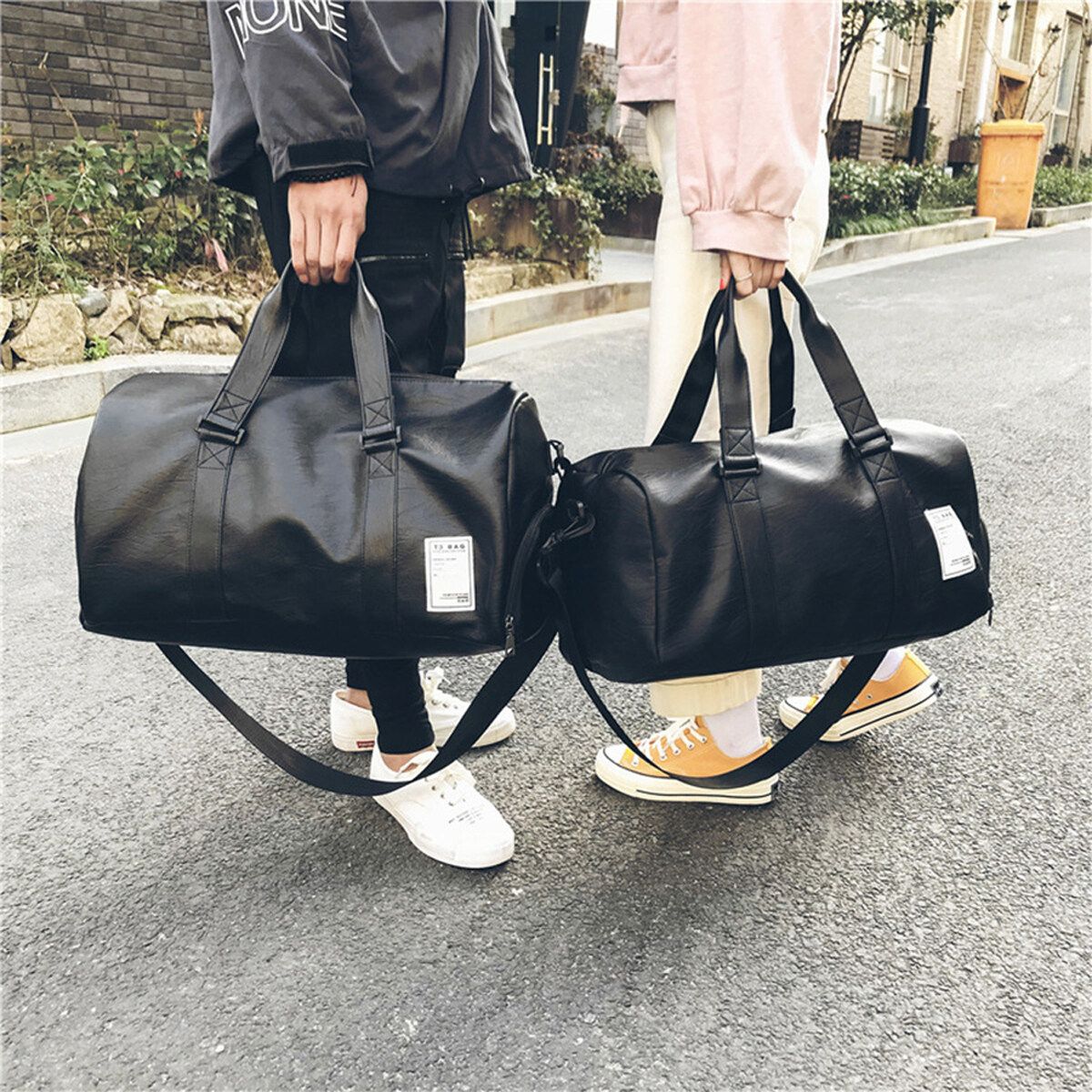 Men Women Gym Shoulder Bag Duffel PU Leather Travel Overnight Luggage Handbag Bags Large/Small Large