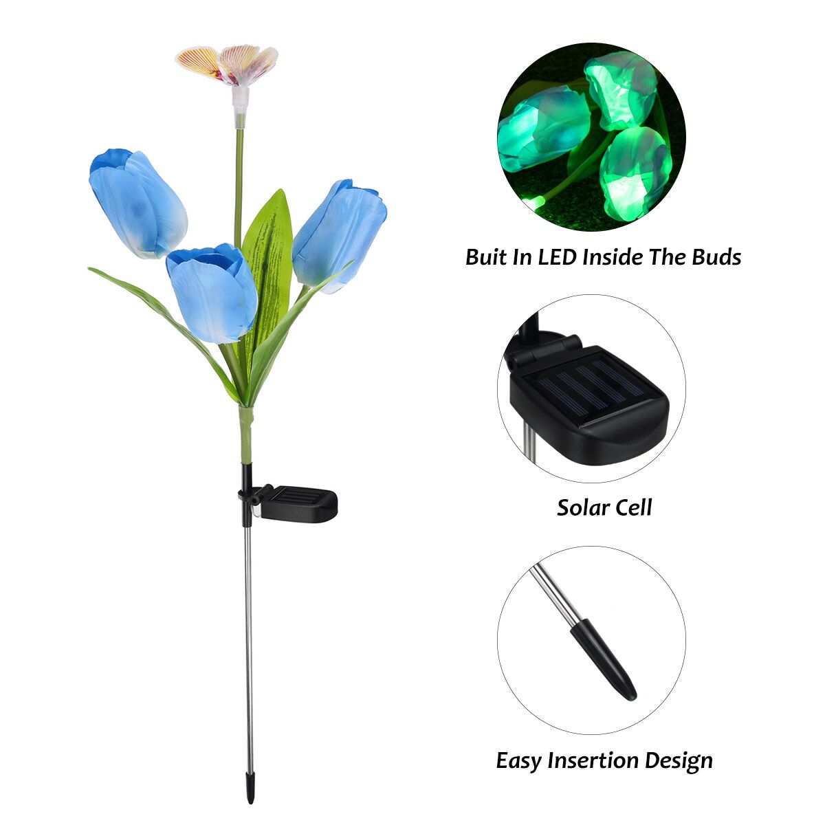 2PCS Multi- Changing Tulip Solar Garden Light Flowers & Butterfly Outdoor Decorative Stake LED Lights For Patio Yard Lawn Pathway Blue 1PCS