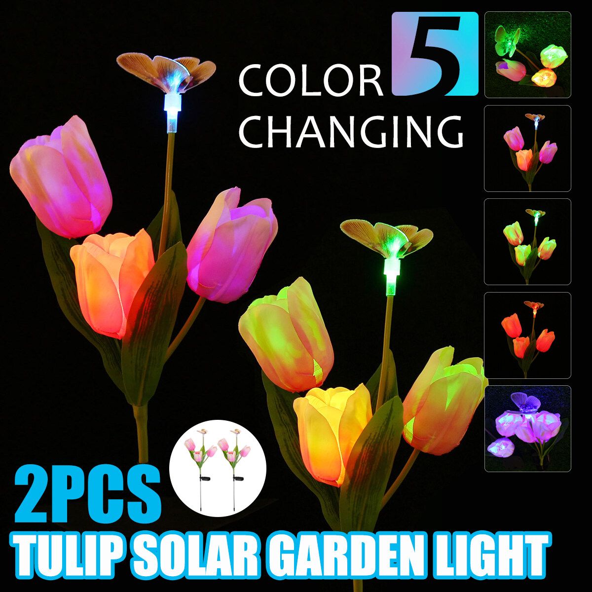 2PCS Multi- Changing Tulip Solar Garden Light Flowers & Butterfly Outdoor Decorative Stake LED Lights For Patio Yard Lawn Pathway Pink 2PCS