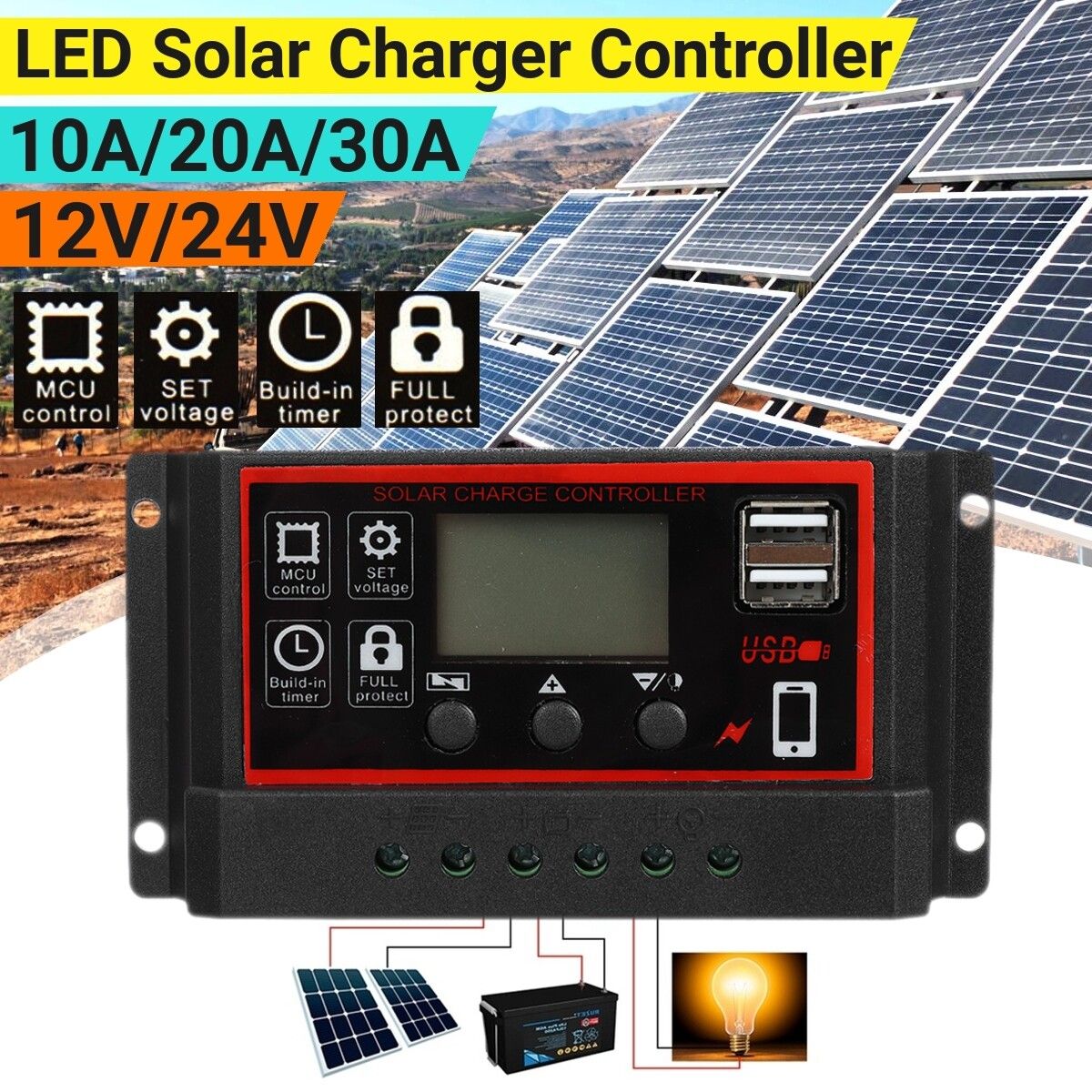 10/20/30A 12/24V LCD Dual USB Solar Panel Regulator Charge Controller 30A