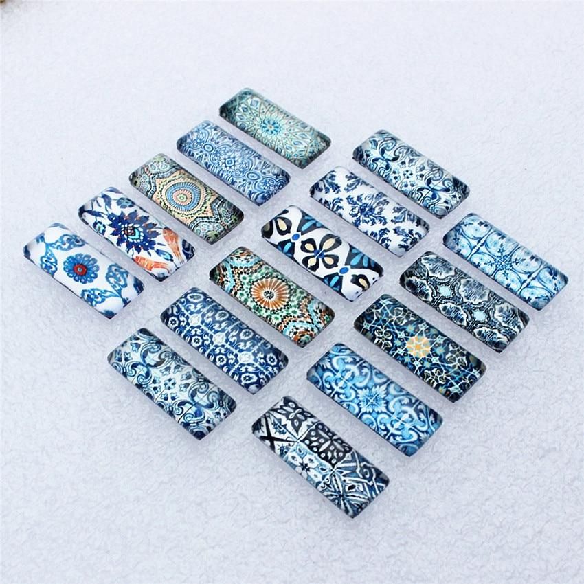 10x25mm Random Mixed Blue and white Porcelain Rectangle Glass Cabochon Dome Flatback Photo DIY Accessories 10pcs/lot K06035