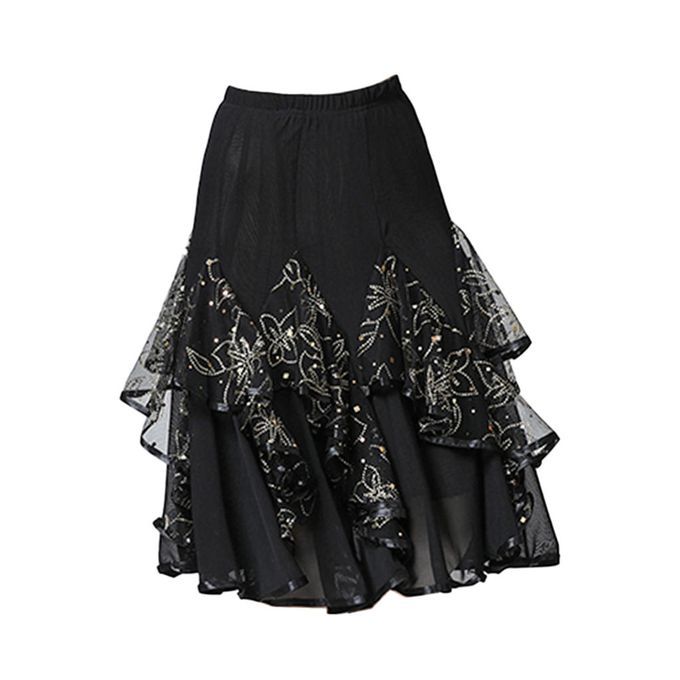 Tulle Mesh Latin   Tango Rumba Cha Cha Ballroom Dance Dress Midi Black