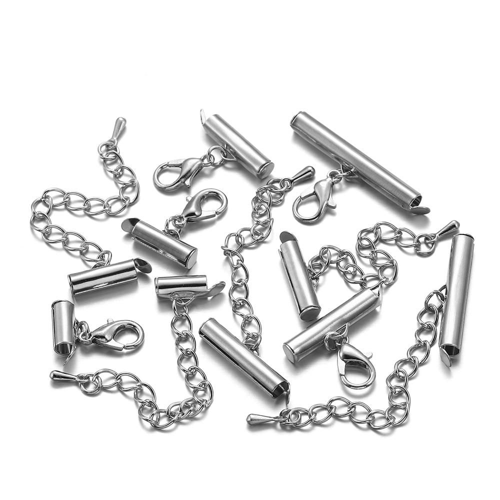 10set/lot Crimp End Beads Slide End Clasp With Chain Buckles Tubes Slider End Caps Connectors For DIY Jewelry Making Accessories