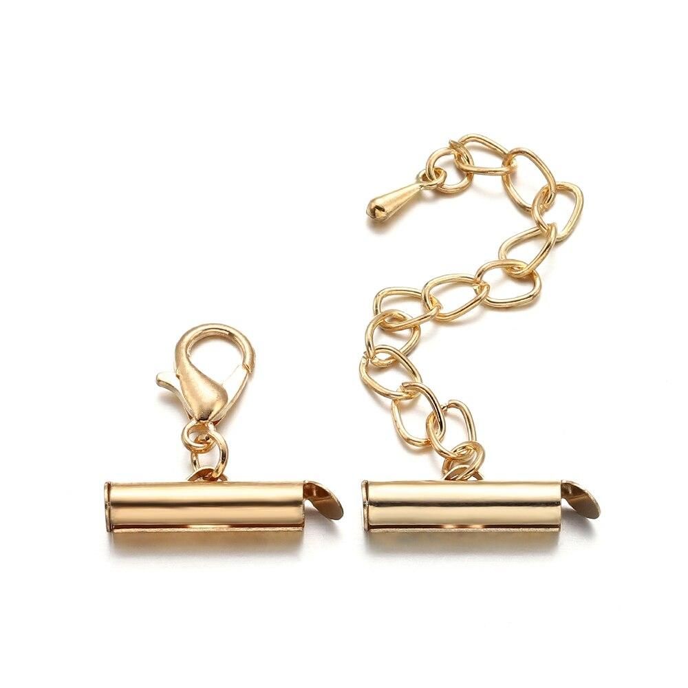 10set/lot Crimp End Beads Slide End Clasp With Chain Buckles Tubes Slider End Caps Connectors For DIY Jewelry Making Accessories