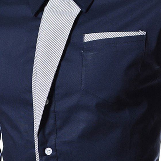 Dark Blue Male Long Sleeve Stripe Blouses Slim Fit Shirts