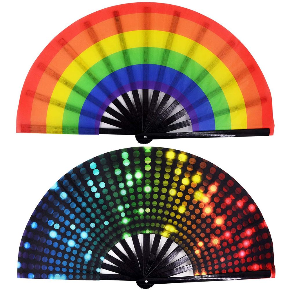 Fan Large Hand Folding Black For Rainbow Gift Fan Dot Bamboo 34 Cm 1 & Nylon-Cloth Print Festival Pcs Handheld Fold