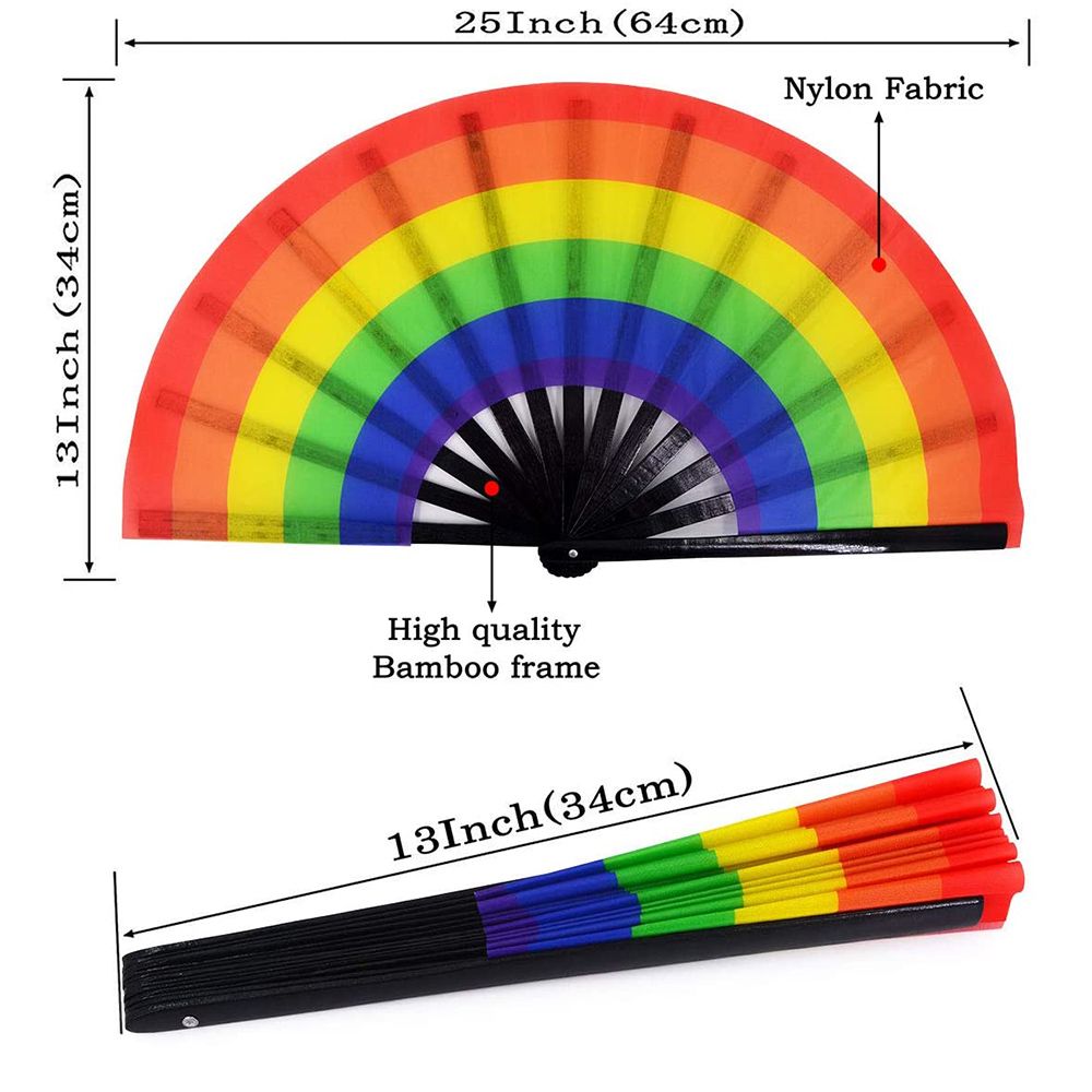Fan Large Hand Folding Black For Rainbow Gift Fan Dot Bamboo 34 Cm 1 & Nylon-Cloth Print Festival Pcs Handheld Fold
