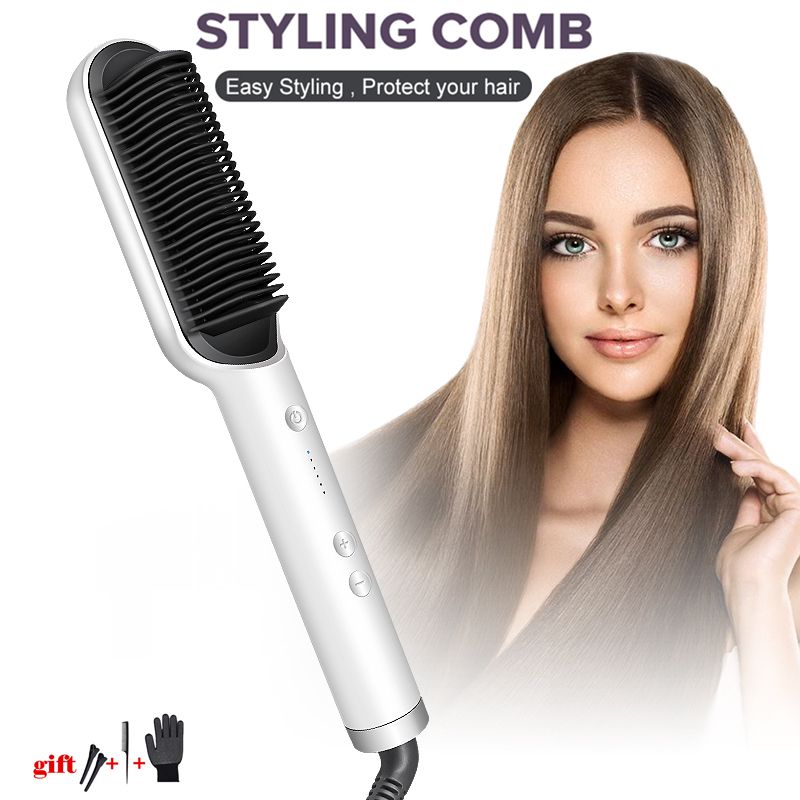 2-in-1 Hot-Air Hair Styling Comb Hair Straightener Hair Brush-641-Pink&White