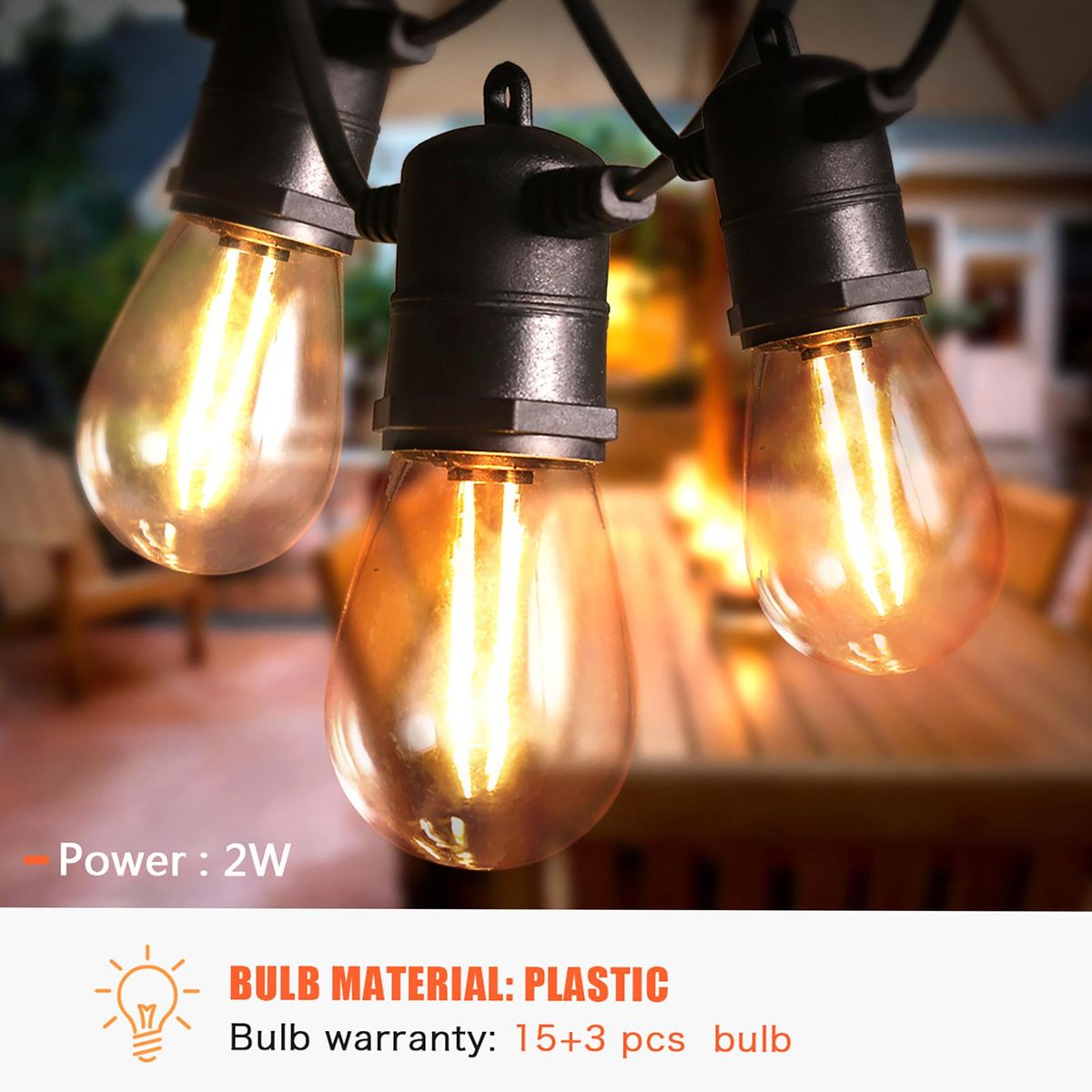 LEDs Outdoor String Lights 14.6m/48ft 15 Bulbs with 3 Replaceable Bulbs S14 Shatterproof Globe Bulbs IP65 Water-resistant for  Garden Lighting for Inside Outside Decoration Wedding Party Backyard