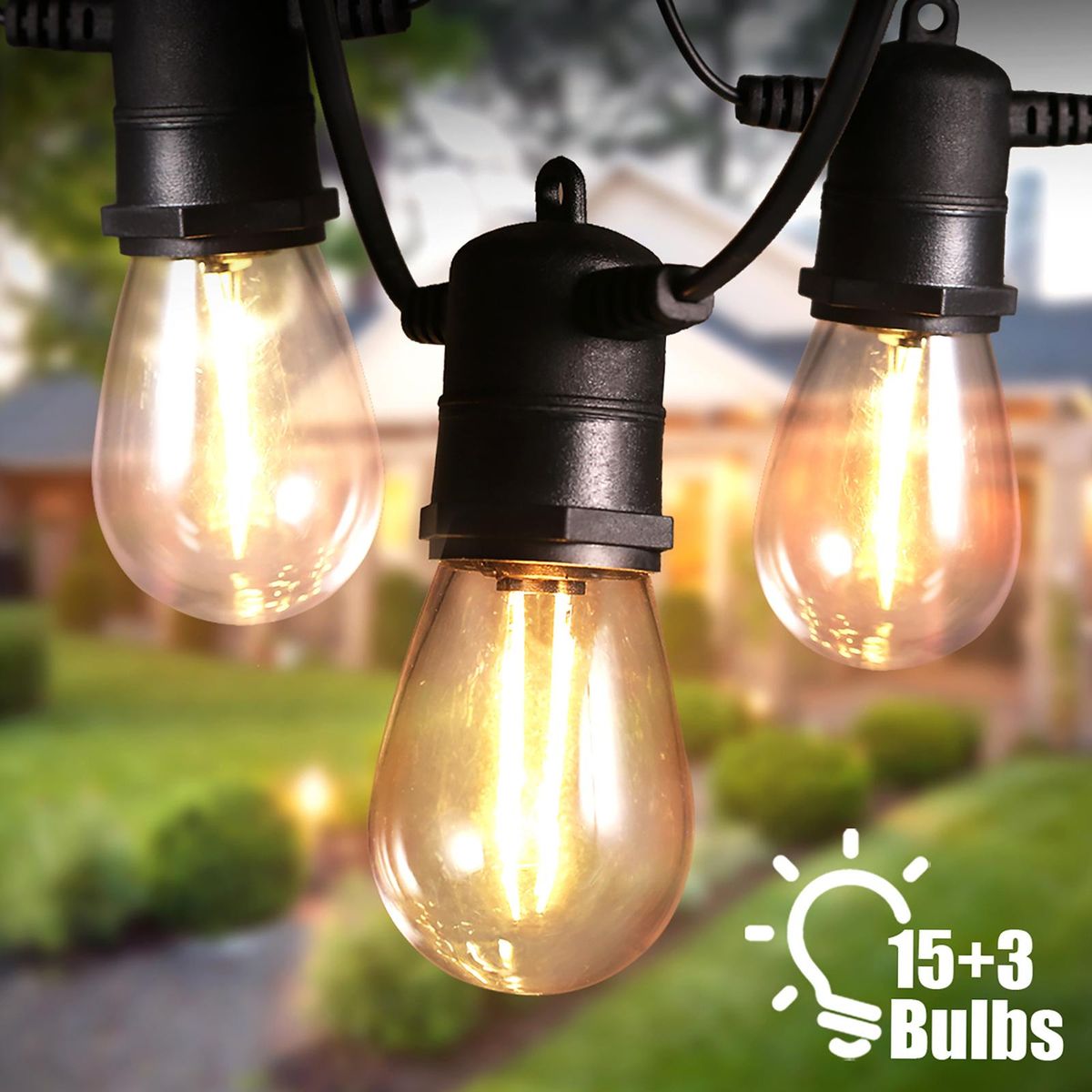 LEDs Outdoor String Lights 14.6m/48ft 15 Bulbs with 3 Replaceable Bulbs S14 Shatterproof Globe Bulbs IP65 Water-resistant for  Garden Lighting for Inside Outside Decoration Wedding Party Backyard