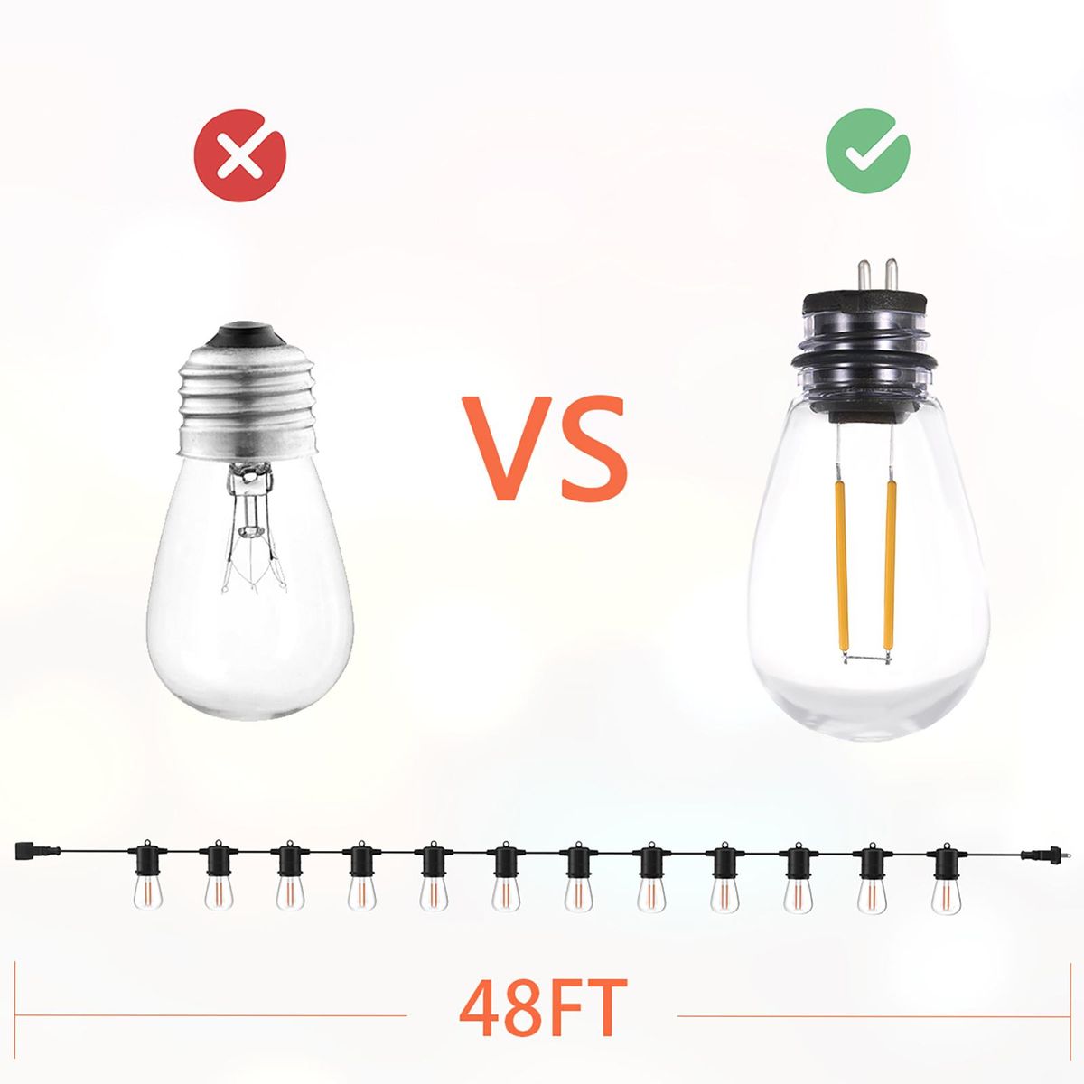 LEDs Outdoor String Lights 14.6m/48ft 15 Bulbs with 3 Replaceable Bulbs S14 Shatterproof Globe Bulbs IP65 Water-resistant for  Garden Lighting for Inside Outside Decoration Wedding Party Backyard