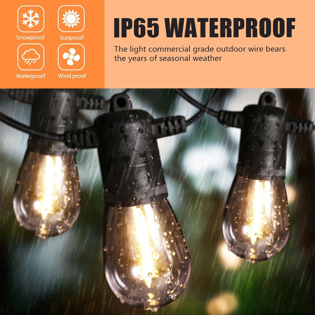 LEDs Outdoor String Lights 14.6m/48ft 15 Bulbs with 3 Replaceable Bulbs S14 Shatterproof Globe Bulbs IP65 Water-resistant for  Garden Lighting for Inside Outside Decoration Wedding Party Backyard