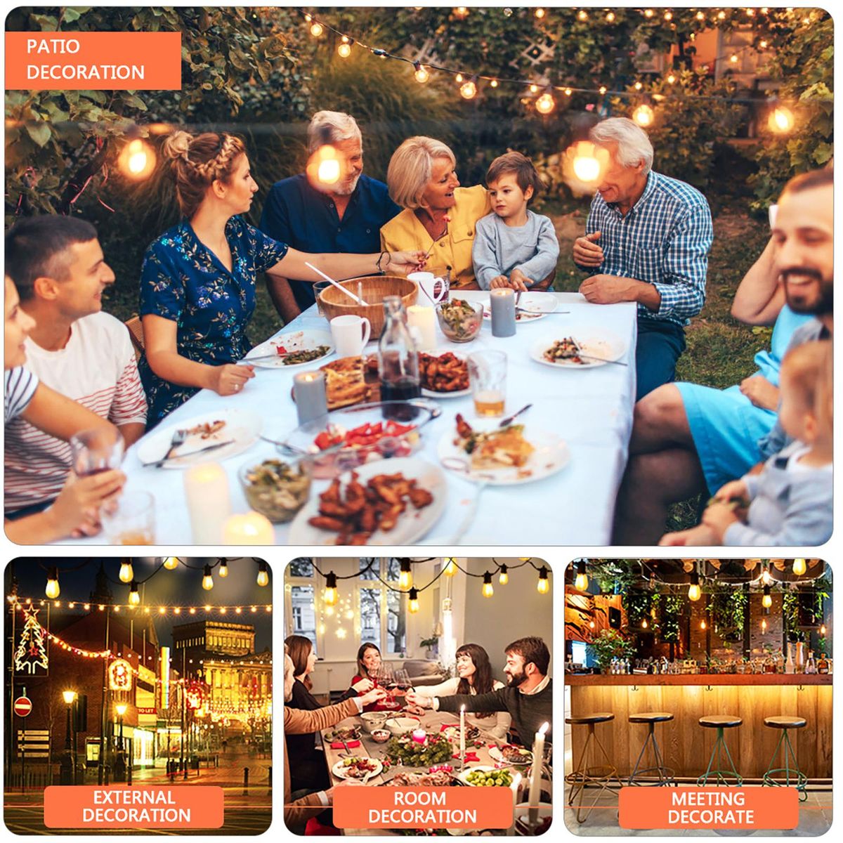 LEDs Outdoor String Lights 14.6m/48ft 15 Bulbs with 3 Replaceable Bulbs S14 Shatterproof Globe Bulbs IP65 Water-resistant for  Garden Lighting for Inside Outside Decoration Wedding Party Backyard