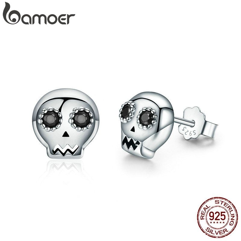 BAMOER Genuine 925 Sterling Silver Skull Skeleton Stud