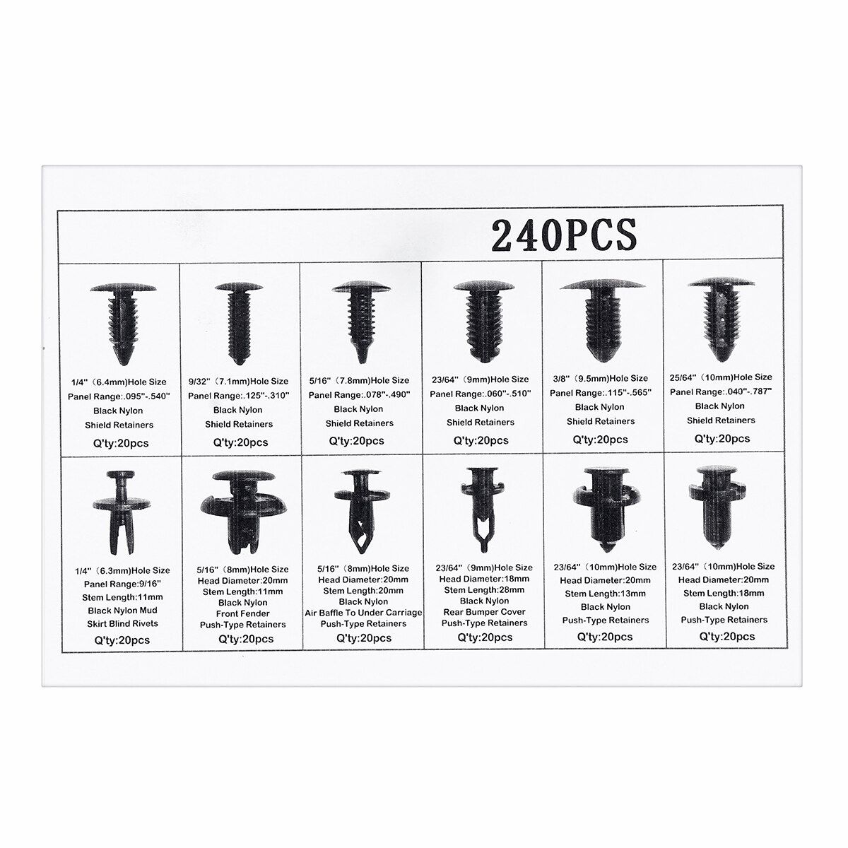 (240pcs) 6.3-10mm Plastic Car Rivet Fastener Door Bumper Cover Fender Liner Fixed Mud Flap Push Pin Clips For Auto Panel LED Lamp Display Rack PC Board Machineboard