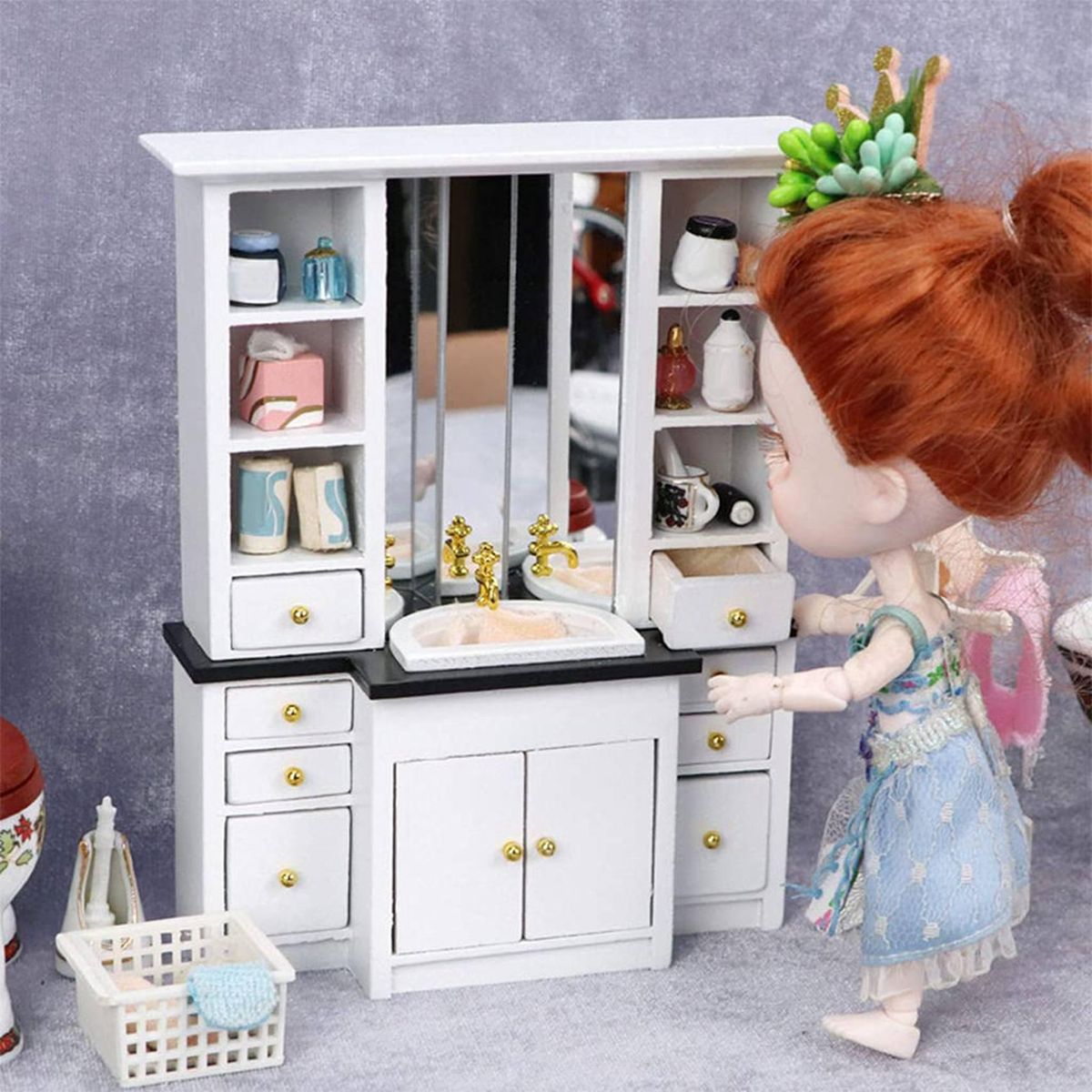 1/12 Doll House Miniature Cupboard Wash Basin Sink Cabinet T