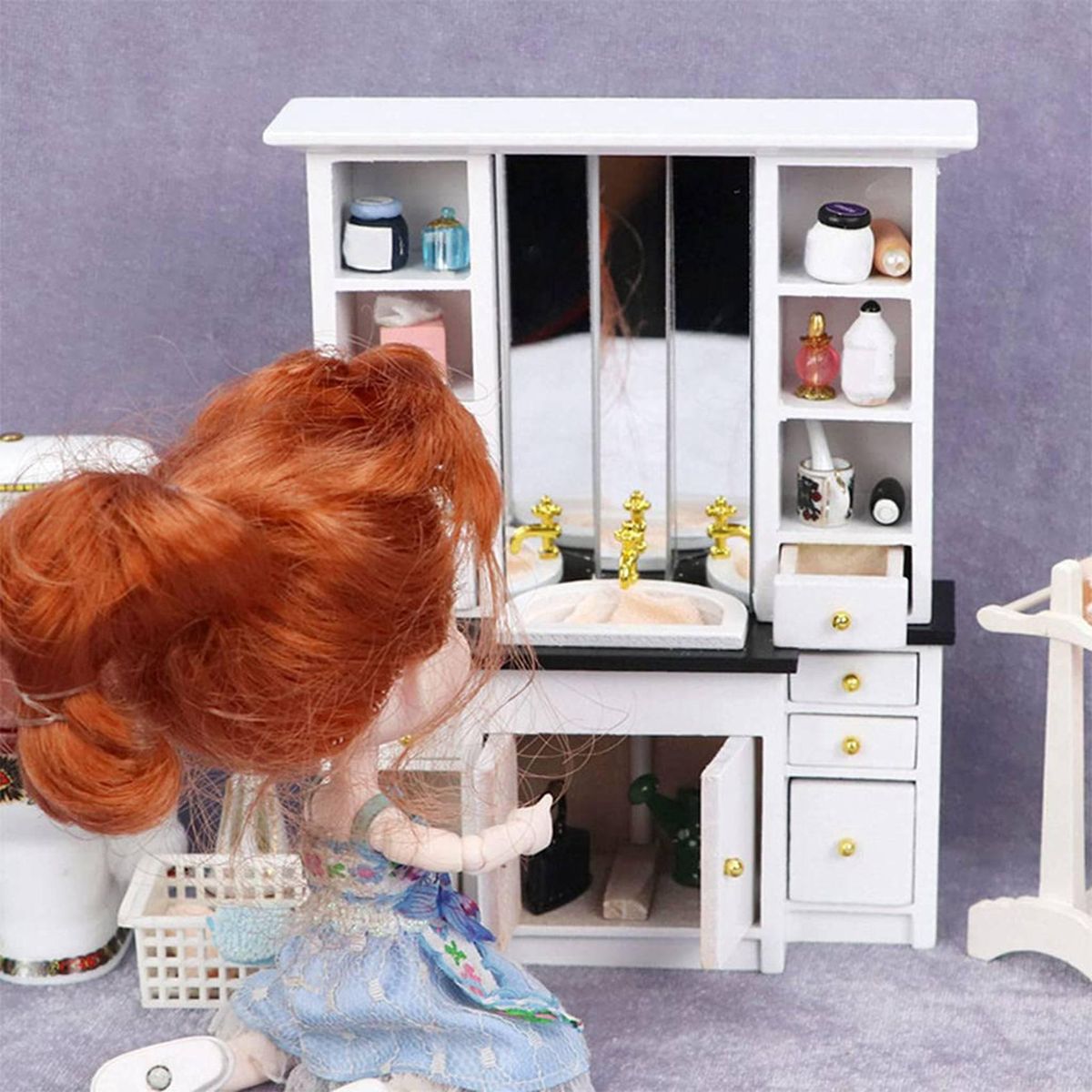 1/12 Doll House Miniature Cupboard Wash Basin Sink Cabinet T