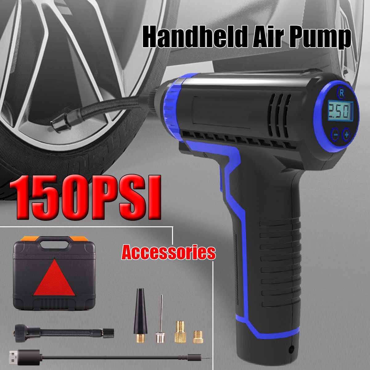 12V 150PSI 40L/min 2200mAh Wired Air Compressor, Portable Tire Inflator, Hand Held Air Pump With Digital LCD Rechargeable Li-ion