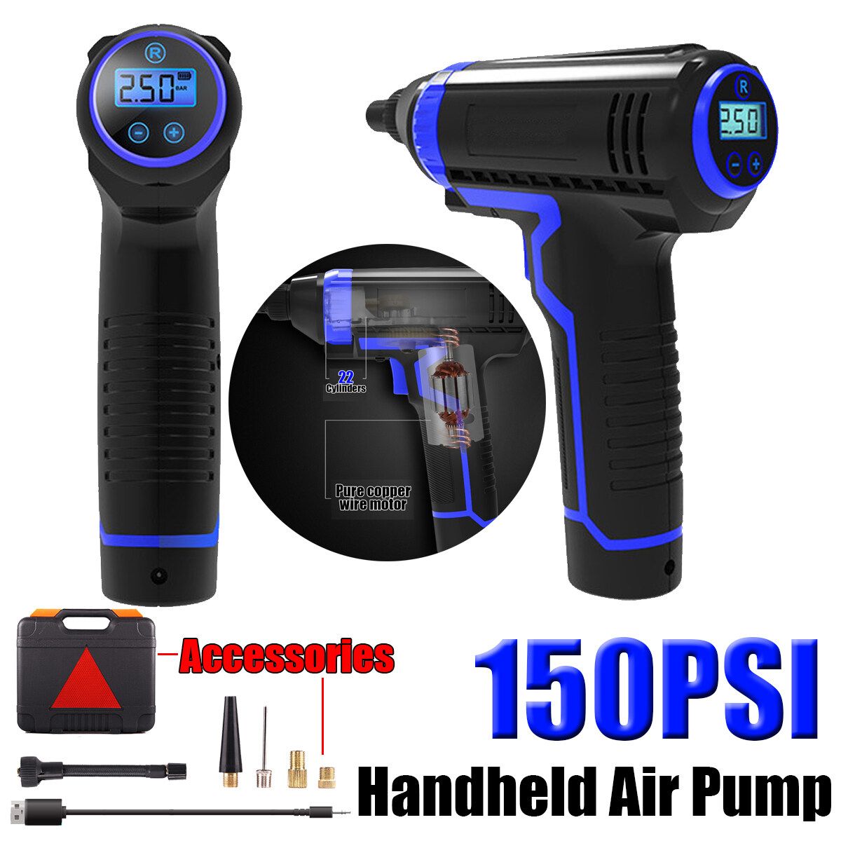 12V 150PSI 40L/min 2200mAh Wired Air Compressor, Portable Tire Inflator, Hand Held Air Pump With Digital LCD Rechargeable Li-ion