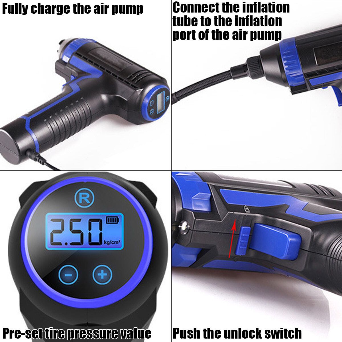 12V 150PSI 40L/min 2200mAh Wired Air Compressor, Portable Tire Inflator, Hand Held Air Pump With Digital LCD Rechargeable Li-ion