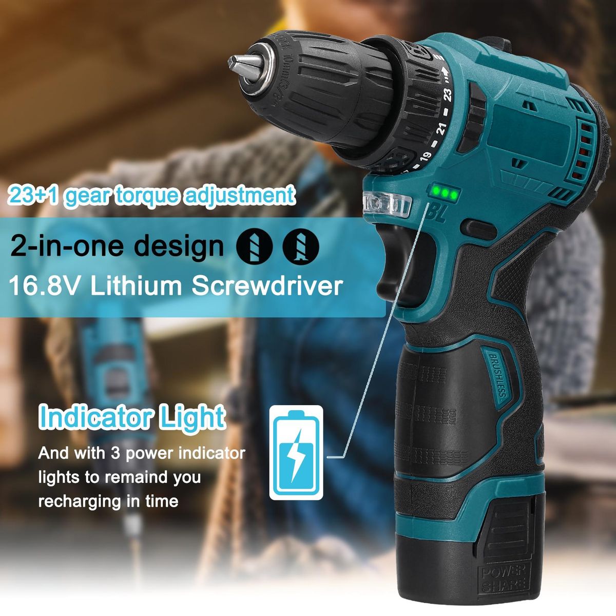 16.8V Cordless Driver Drill Household Electric Screwdriver Regulation Rotation Ways Adjustment Lithium Drill Home Improvement Power Tool