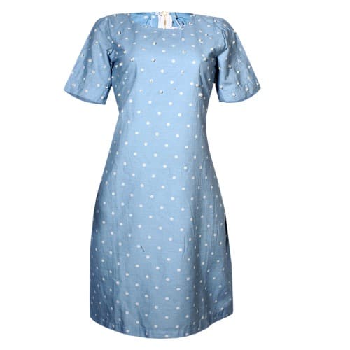 Women's Pearl Polka Dot Denim Shift Dress- Blue