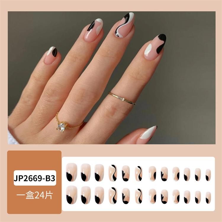 24pcs Fake Nails White And Black Stripe Wear Long Paragraph Fashion Manicure Patch Save Time Wearable Nail With Both Glue And Double Sided Abhesive