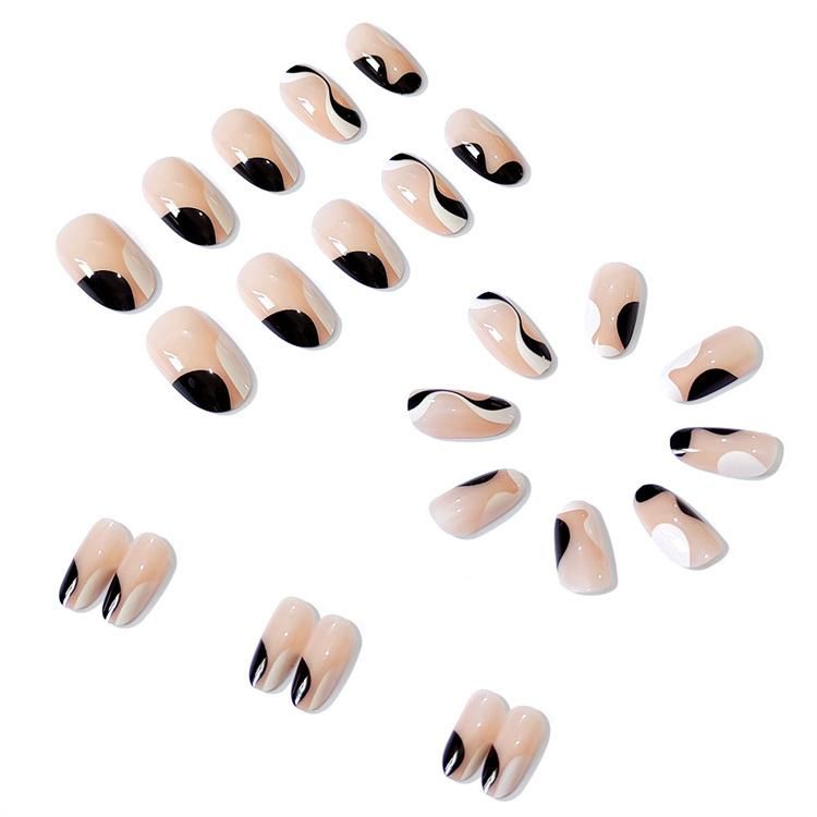 24pcs Fake Nails White And Black Stripe Wear Long Paragraph Fashion Manicure Patch Save Time Wearable Nail With Both Glue And Double Sided Abhesive