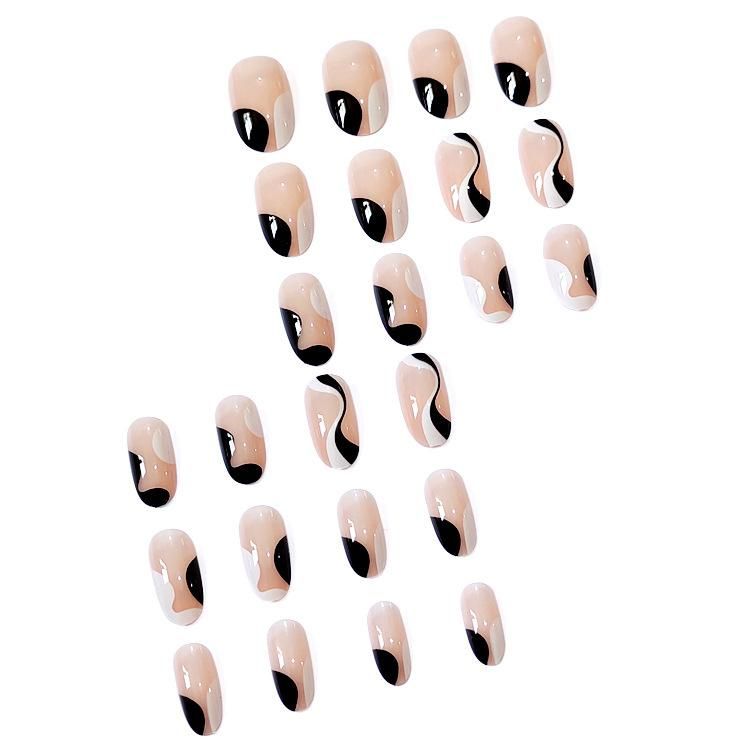24pcs Fake Nails White And Black Stripe Wear Long Paragraph Fashion Manicure Patch Save Time Wearable Nail With Both Glue And Double Sided Abhesive