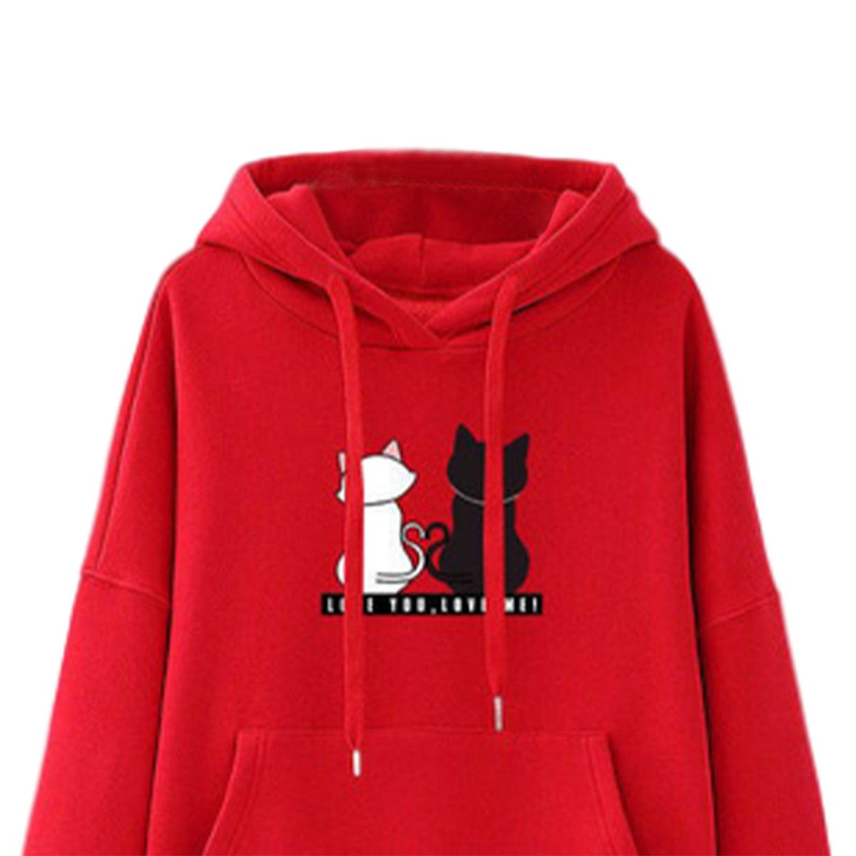Soft Women Long Sleeve Hoodie Cat Printed Hooded Tops Pullover Red M