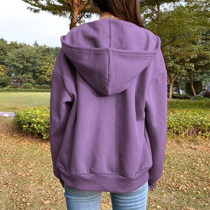 Casual Sweatshirt Zipper Outwear Loose Pocket Collar Sleeve Purple M