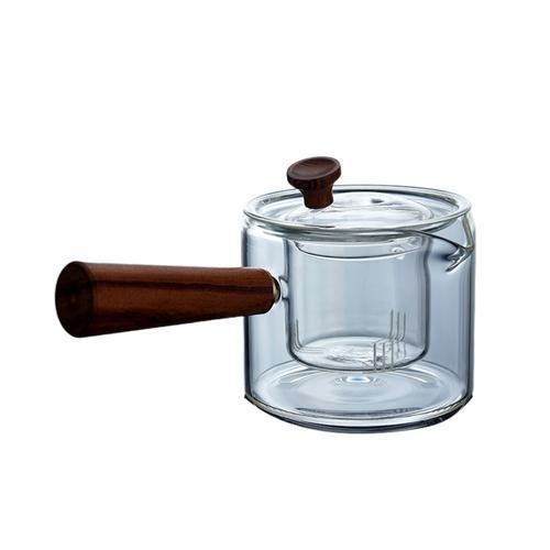 1PC Heat Resistant Glass Teapot Wooden Side Handle Kettle Transparent Teapot Boiling Tea Maker