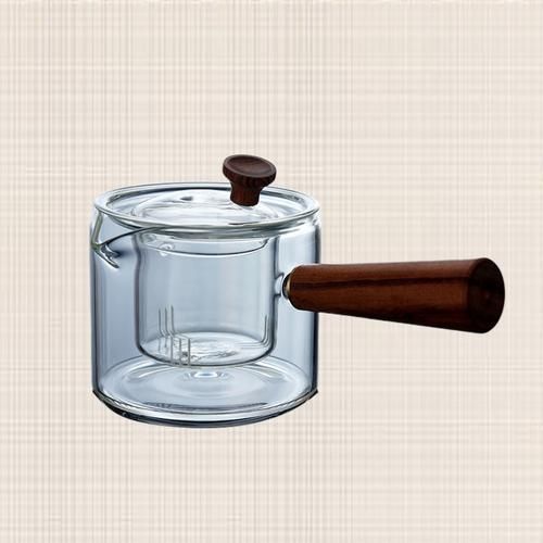 1PC Heat Resistant Glass Teapot Wooden Side Handle Kettle Transparent Teapot Boiling Tea Maker