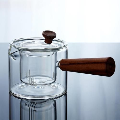 1PC Heat Resistant Glass Teapot Wooden Side Handle Kettle Transparent Teapot Boiling Tea Maker