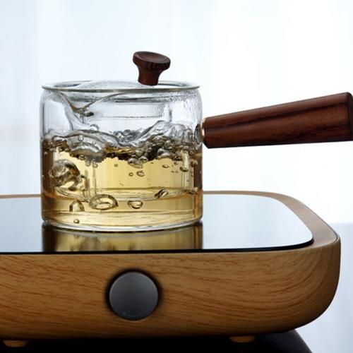 1PC Heat Resistant Glass Teapot Wooden Side Handle Kettle Transparent Teapot Boiling Tea Maker