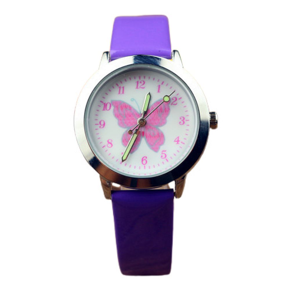 Cute pink butterfly cartoon children's watch, leather watch sports quartz with luminous hands, birthday gift for boys and girls Purple