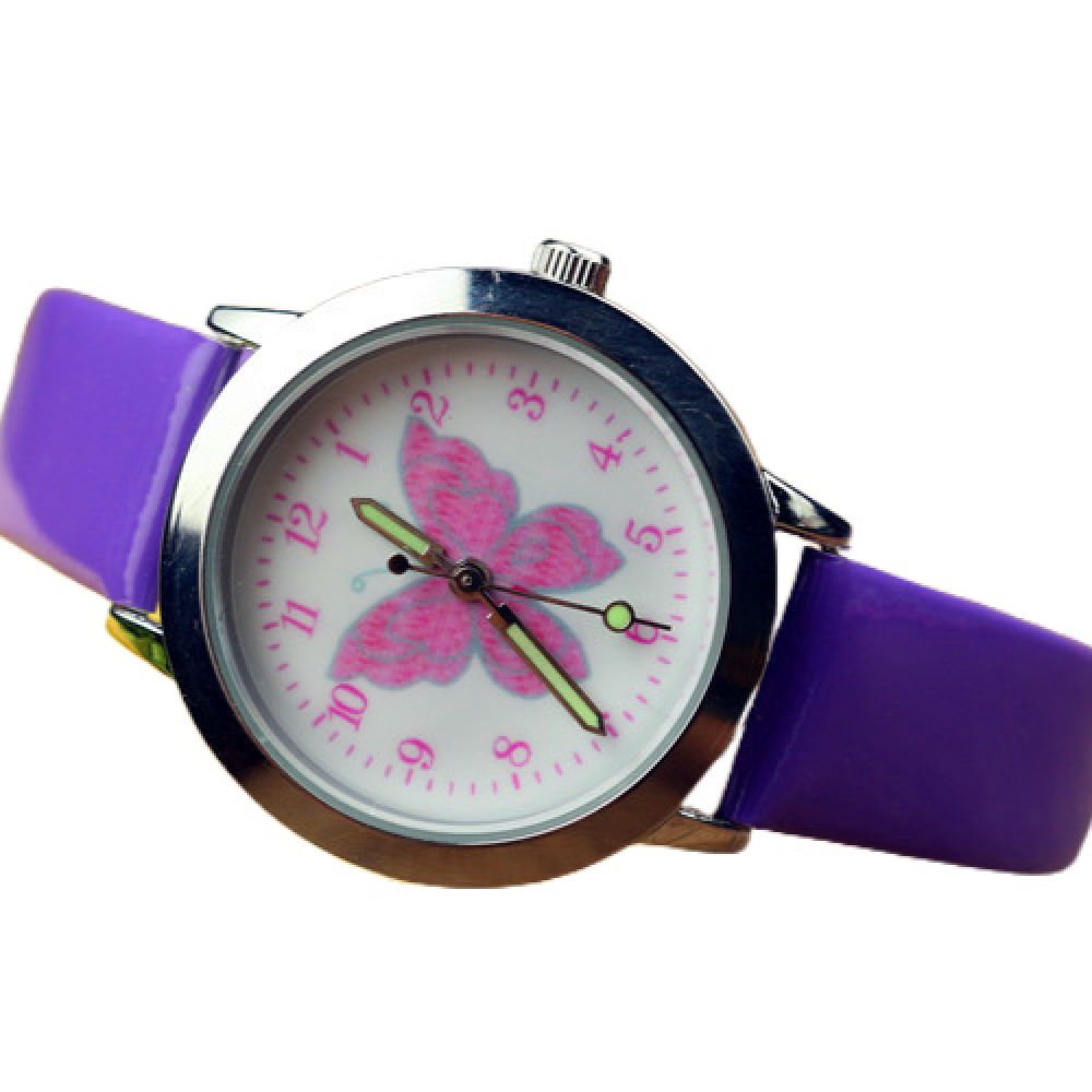 Cute pink butterfly cartoon children's watch, leather watch sports quartz with luminous hands, birthday gift for boys and girls Purple