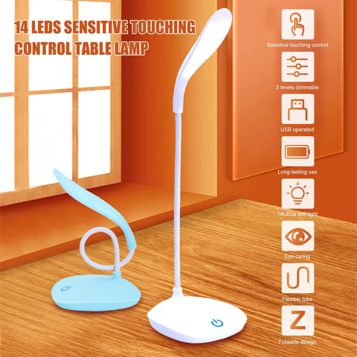 D C5V 4W 14LEDs Table Light Desk Lamp Beside Lamp Sensitive Touching Control USB Operated Flexible Bendable Tube Design/ Built-in 300mAh Rechargeable Cell for Bedroom Living Room Reading Studying Present Gift Portable