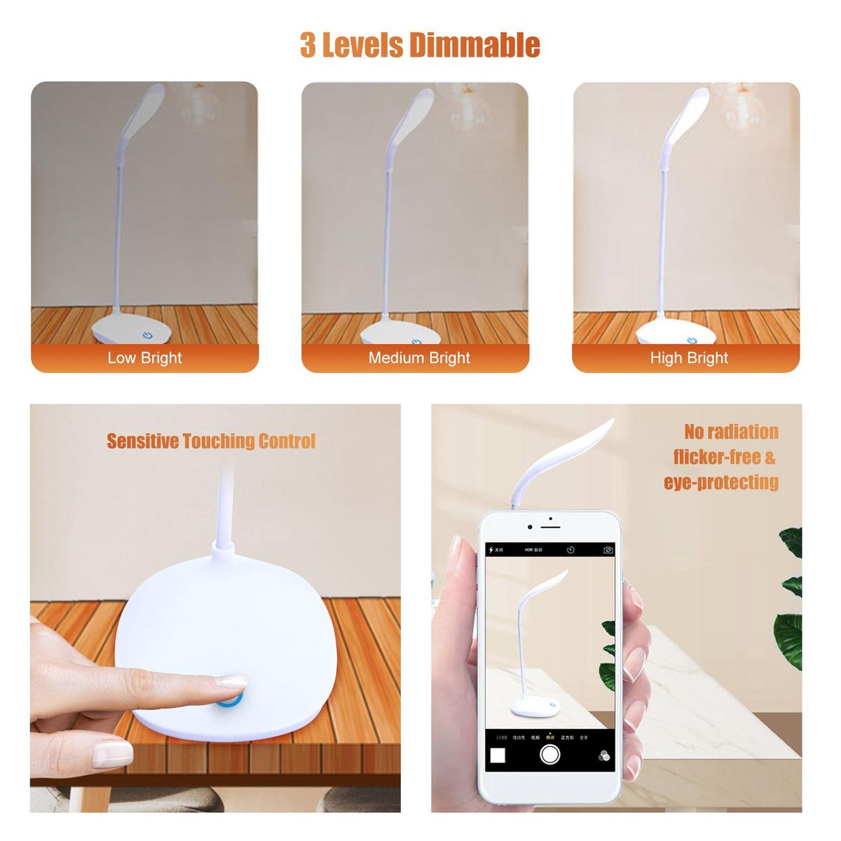 D C5V 4W 14LEDs Table Light Desk Lamp Beside Lamp Sensitive Touching Control USB Operated Flexible Bendable Tube Design/ Built-in 300mAh Rechargeable Cell for Bedroom Living Room Reading Studying Present Gift Portable