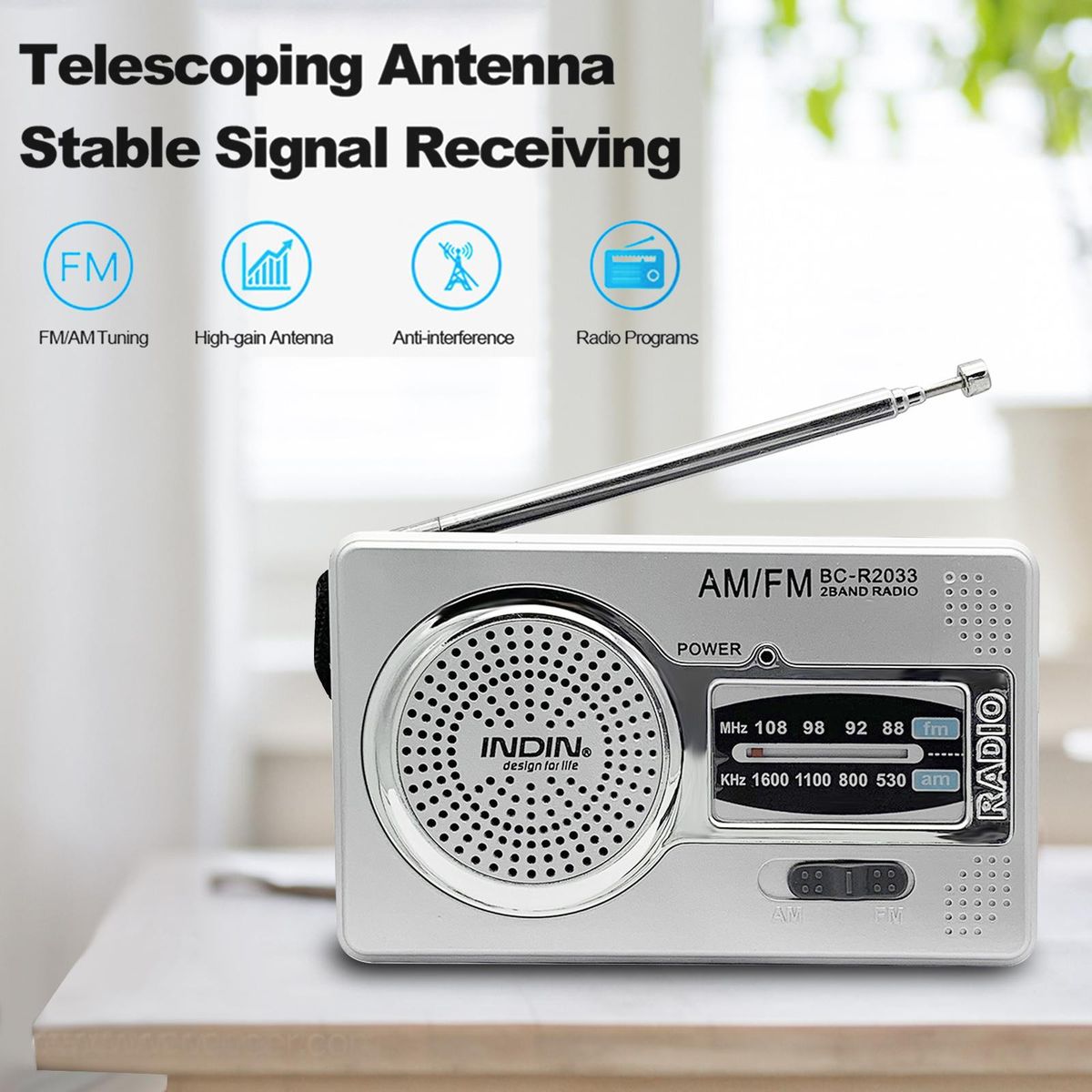 INDIN BC-R2033 Mini AM FM Radio 2 Band Radio Receiver Portable Pocket Radio Built-in Speaker w/ Headphone Jack Telescopic Antenna