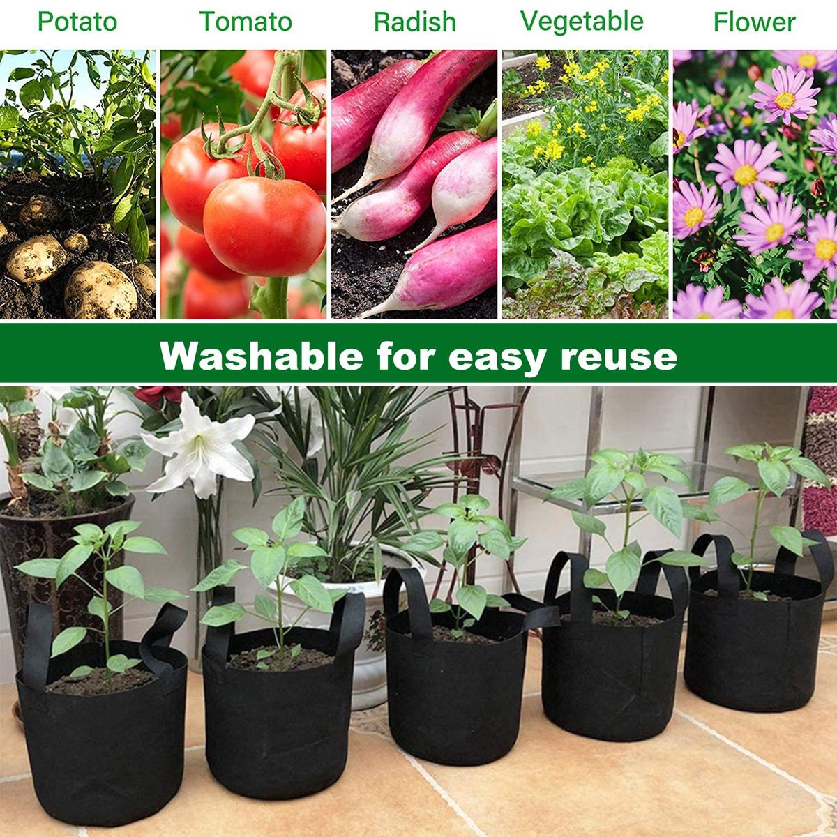 5Pcs Planting Pouch Vegetable Plant Flower Grow Bag Black