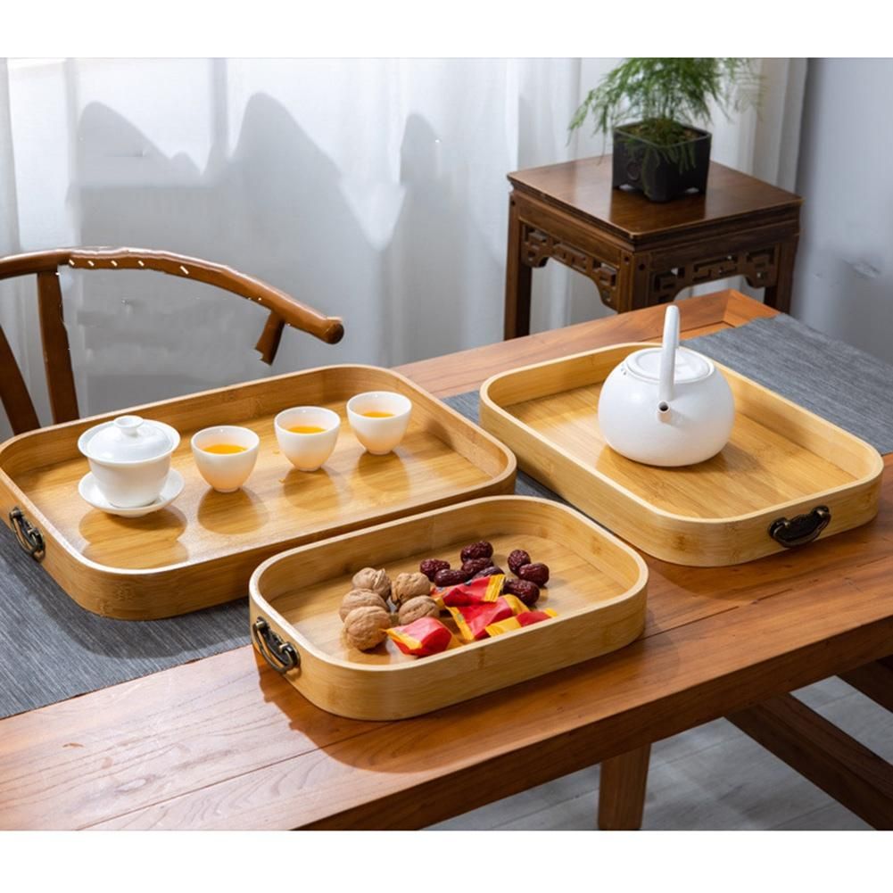 Bamboo Rectangle Serving Tray with Handles Steak Fruit