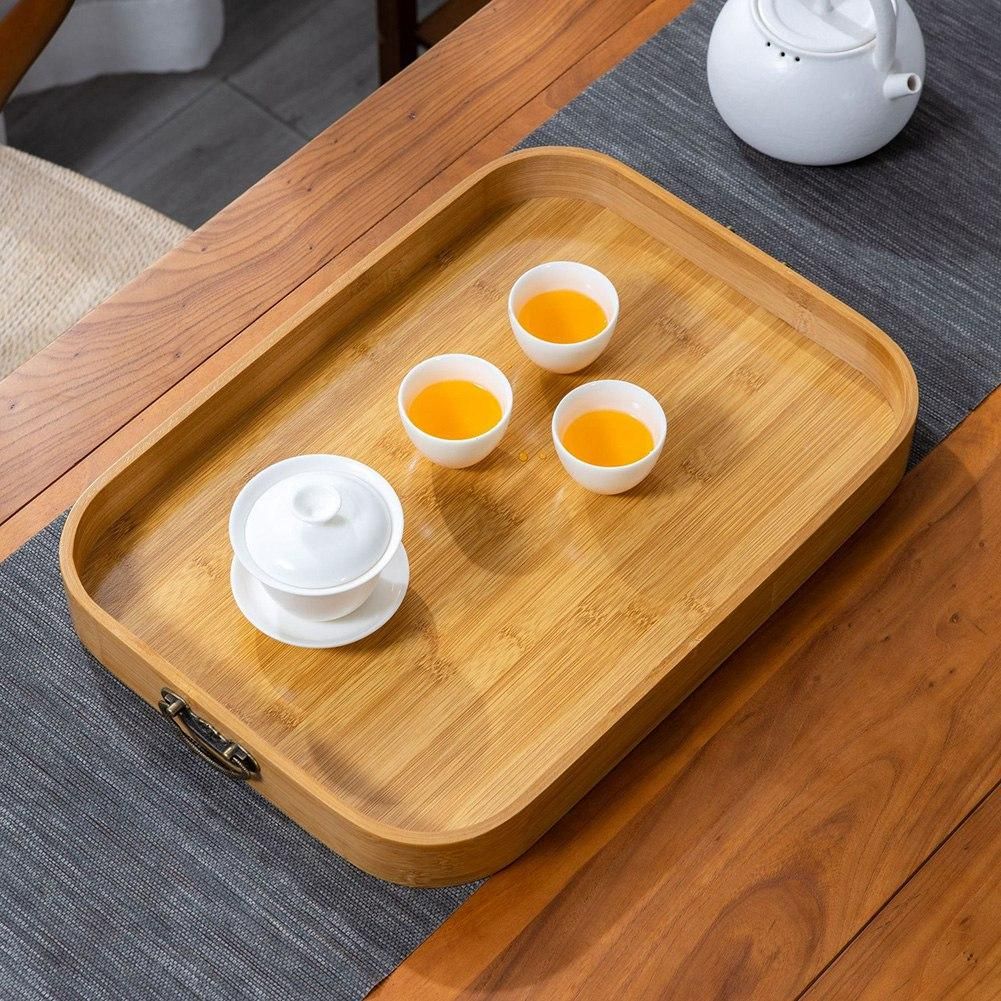 Bamboo Rectangle Serving Tray with Handles Steak Fruit